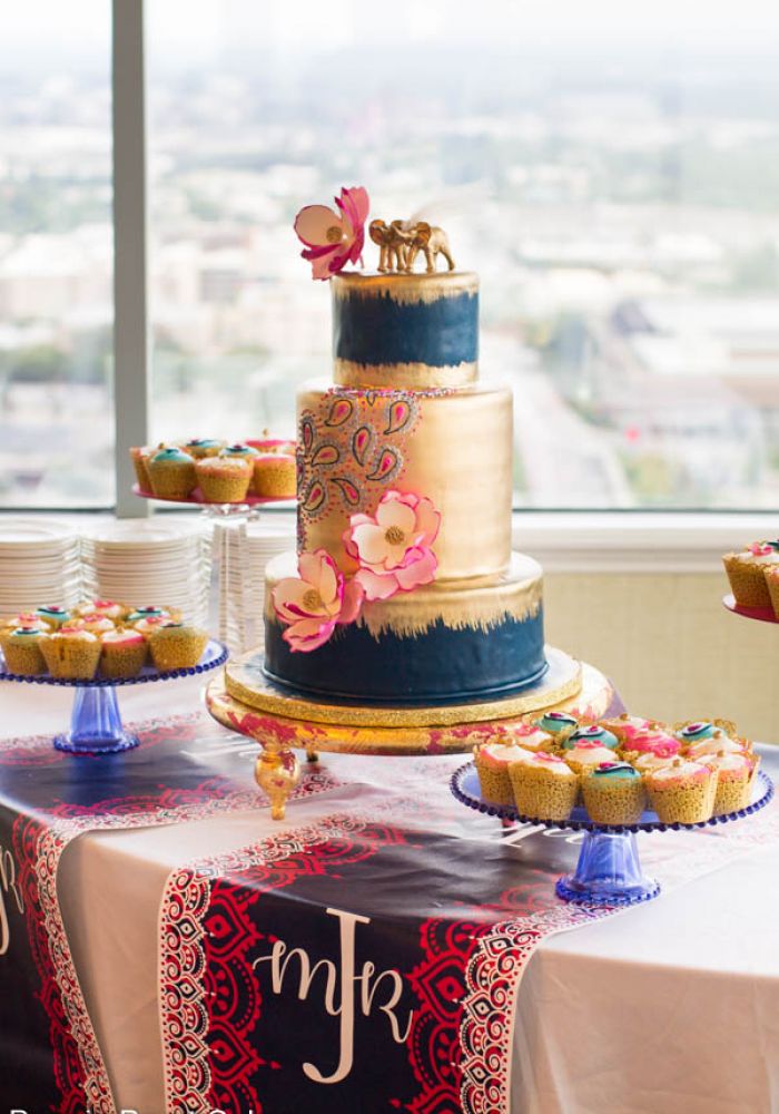 Gold and Black Fondant Wedding Cake with Cupcakes and Elephant Cake Topper