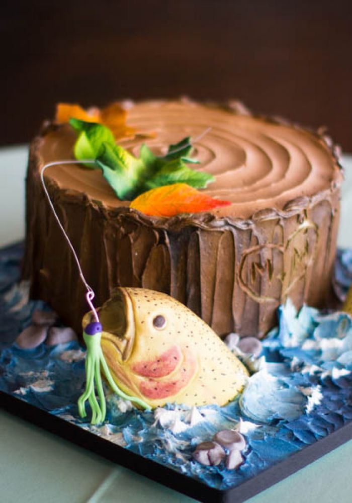 Fishing Themed Sculpted Tree Stump Grooms Cake