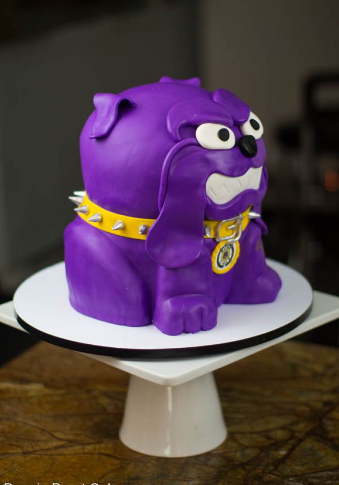 Sculpted Purple Bulldog Grooms Cake