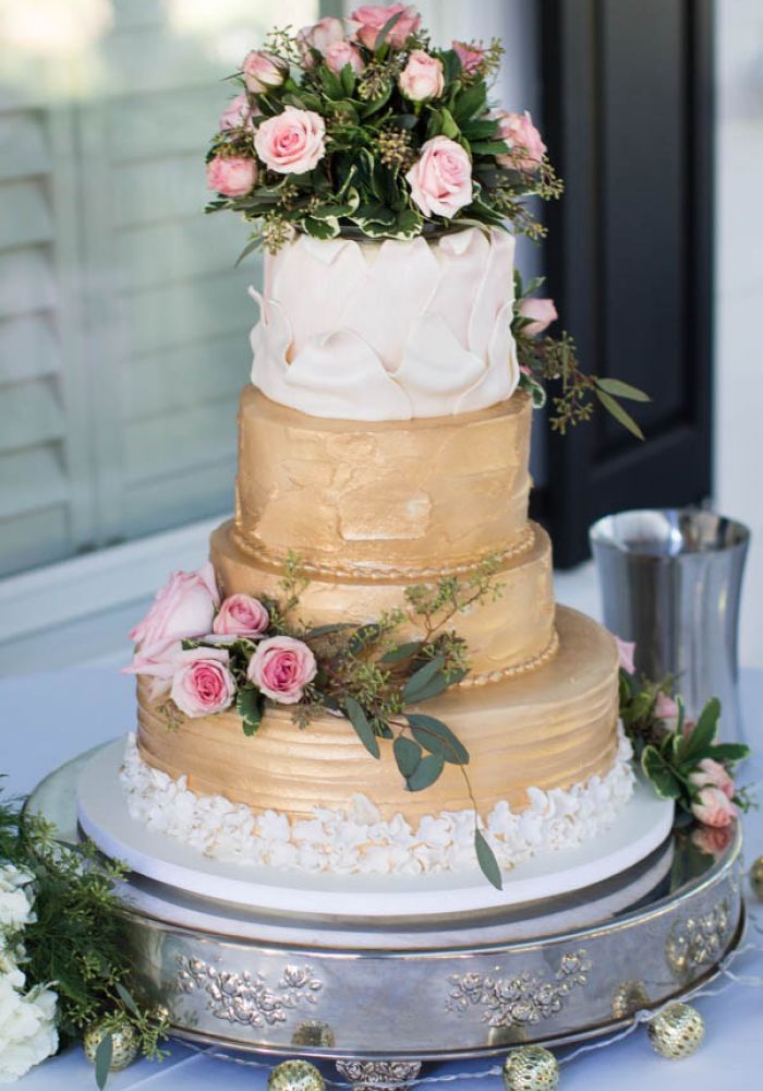 Pink and Gold Wedding Cake with Sculpted Floral Details