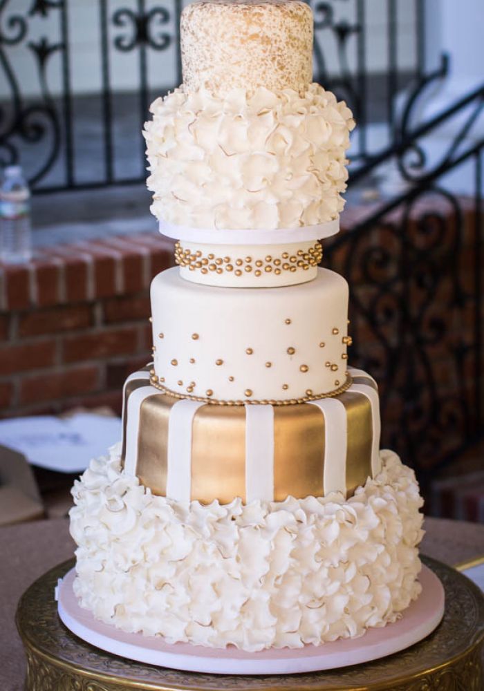 White and Gold Fondant Wedding Cake Tower with Sculpted Fondant Details