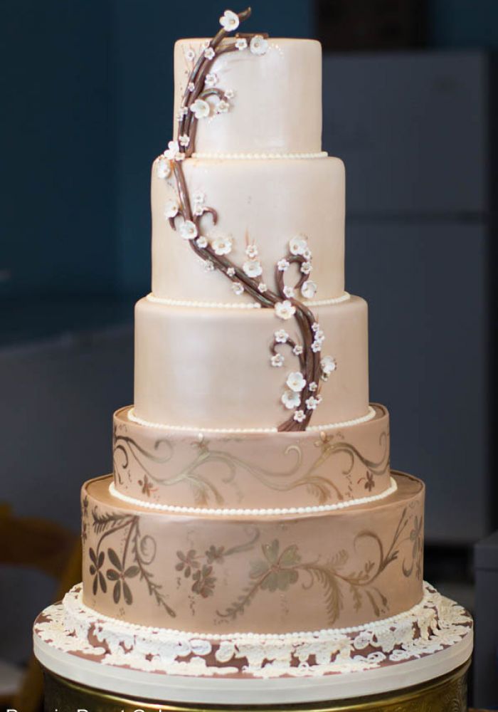 Simple Fondant Wedding Cake with Sculpted Tree and Floral Details