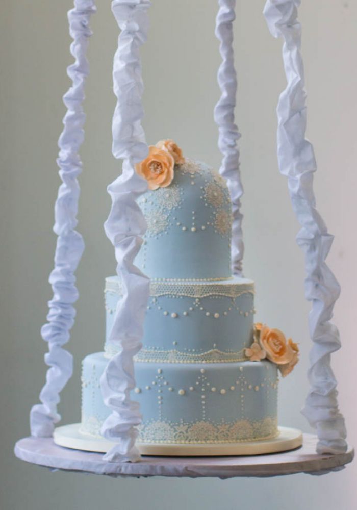 Baby Blue and White Wedding Cake with Lace Detail and Flowers